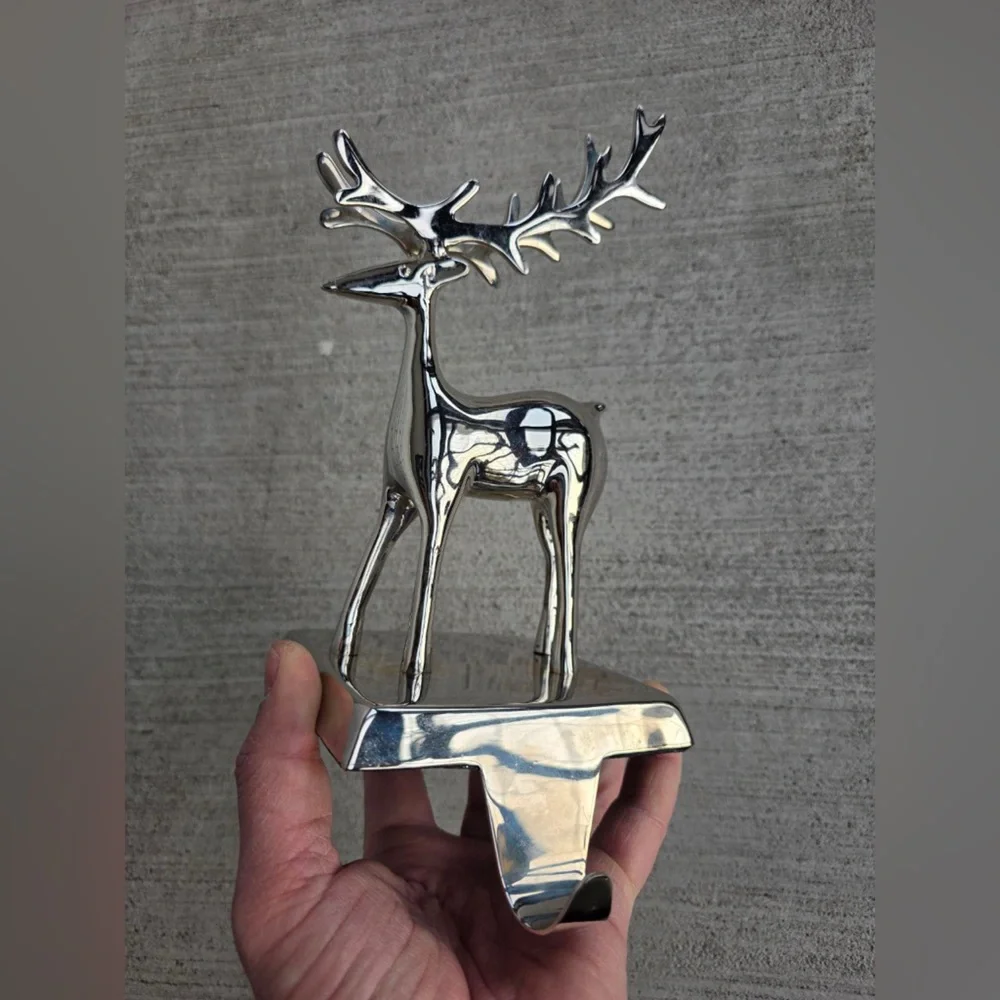 Crate & Barrel Silver Reindeer Stocking Holder / Hook 9” Modern Holiday Decor